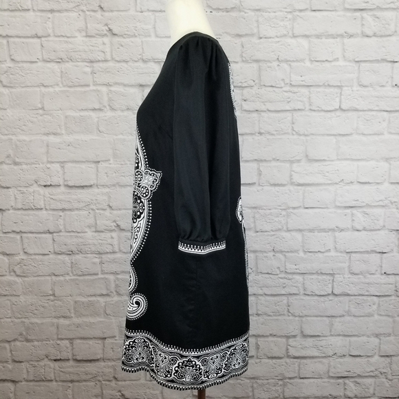 Tibi black white paisley print shift style 3/4 sleeve mini dress women's size 10 - Picture 6 of 9